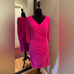 Tahari Ruched Body Con Fushia 3/4 Sleeve Dress - Size 12 - NWT